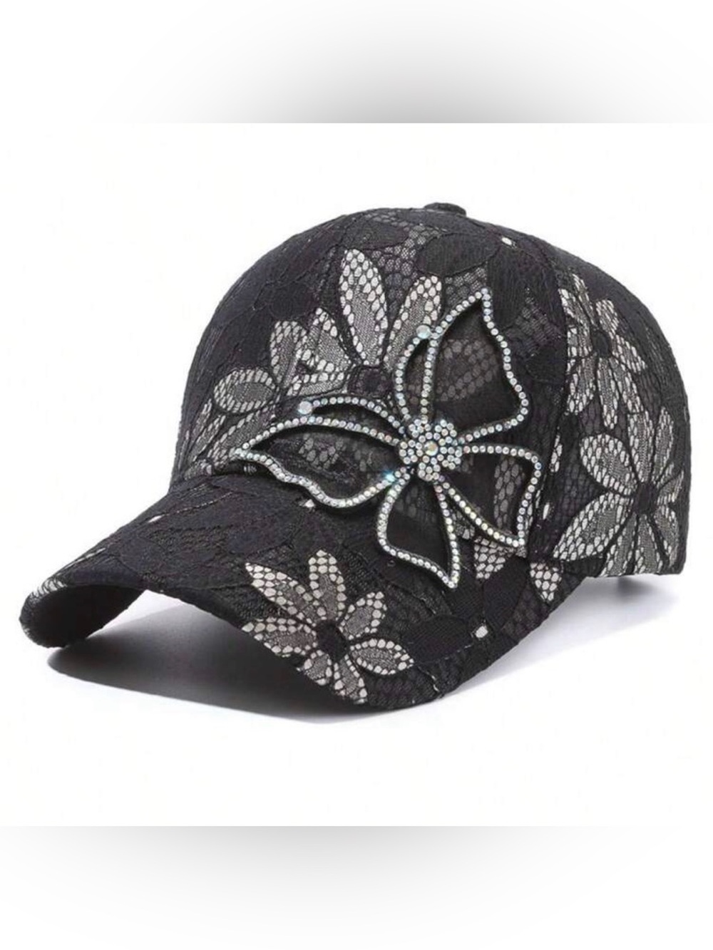Black Lace Floral Baseball Cap with Crystal Bow Accent
